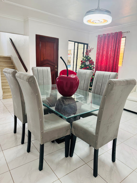Comedor 6 silla gris rayado tapizado con tope cristal