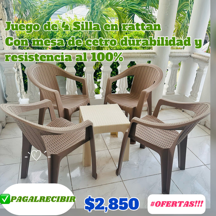 Juego de 4 silla en rattan color marrón claro más mesa de centro durabilidad y alta resistencia