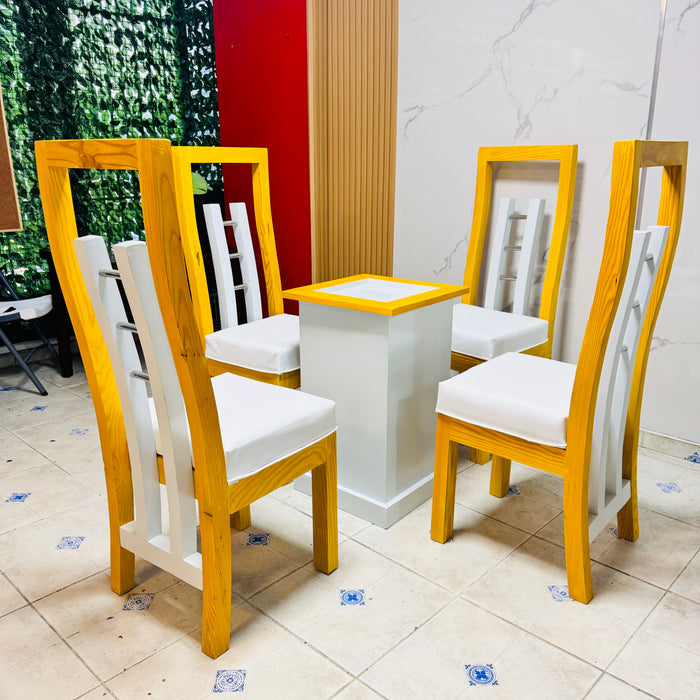Cómedor 4 silla tope cristal Madera color natural con blanco