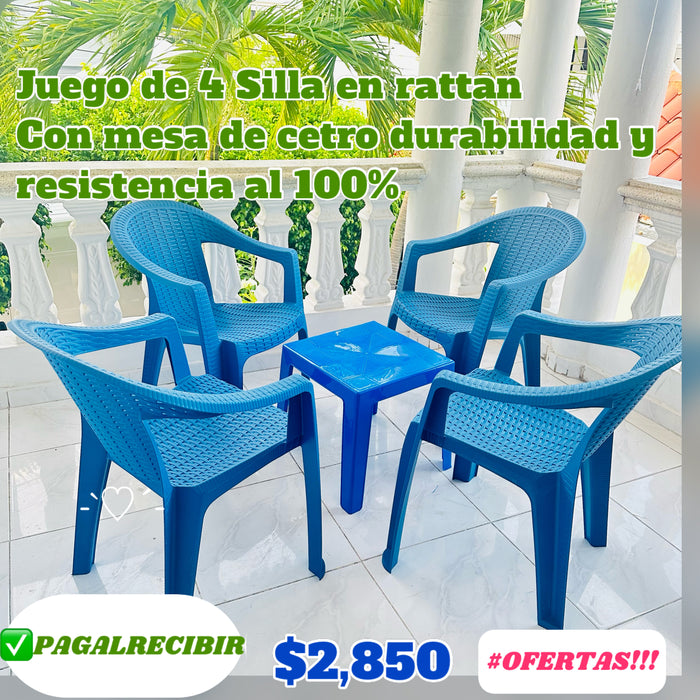 Juego de 4 silla en rattan color azul  más mesa de centro durabilidad y alta resistencia