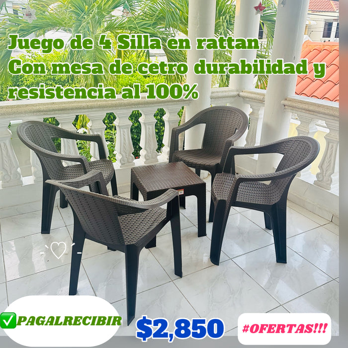 Juego de 4 silla en rattan color marrón más mesa de centro durabilidad y alta resistencia