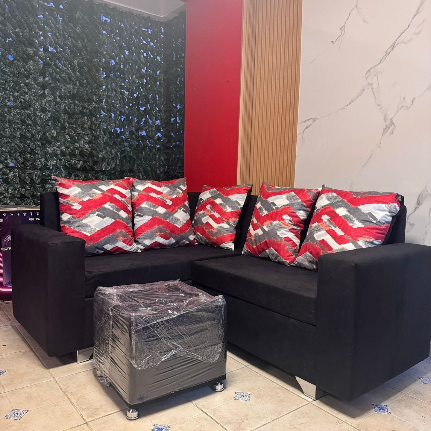 Muebles en L con mesa de centro tela micro fibra Negro