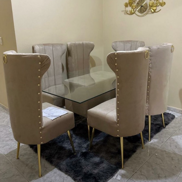 Comedor 6 silla tapizado beige tope de cristal