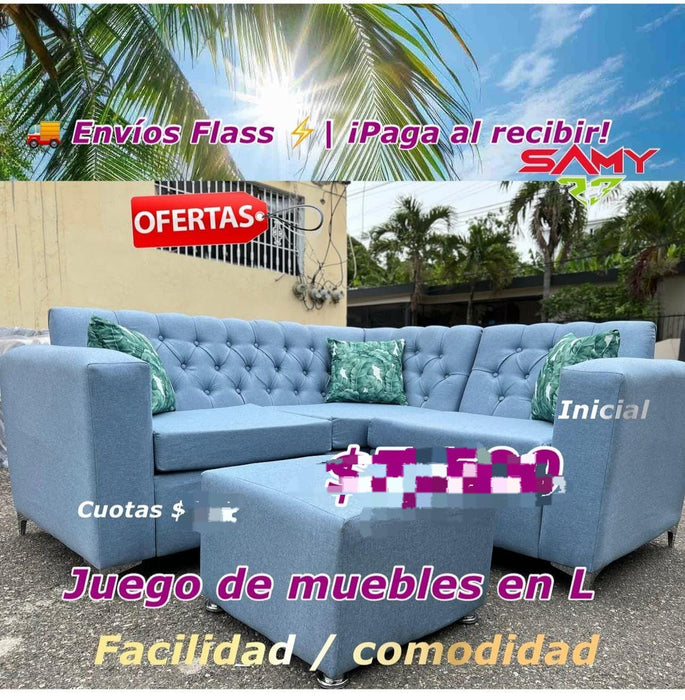 MUEBLE EN L AZUL CAPITONEADO CON MESIT ADE CENTRO