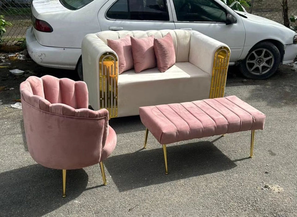 JUEGO DE MUEBLE CON DIVAN Y FLOR DE LOTE CREMA CON ROSADO