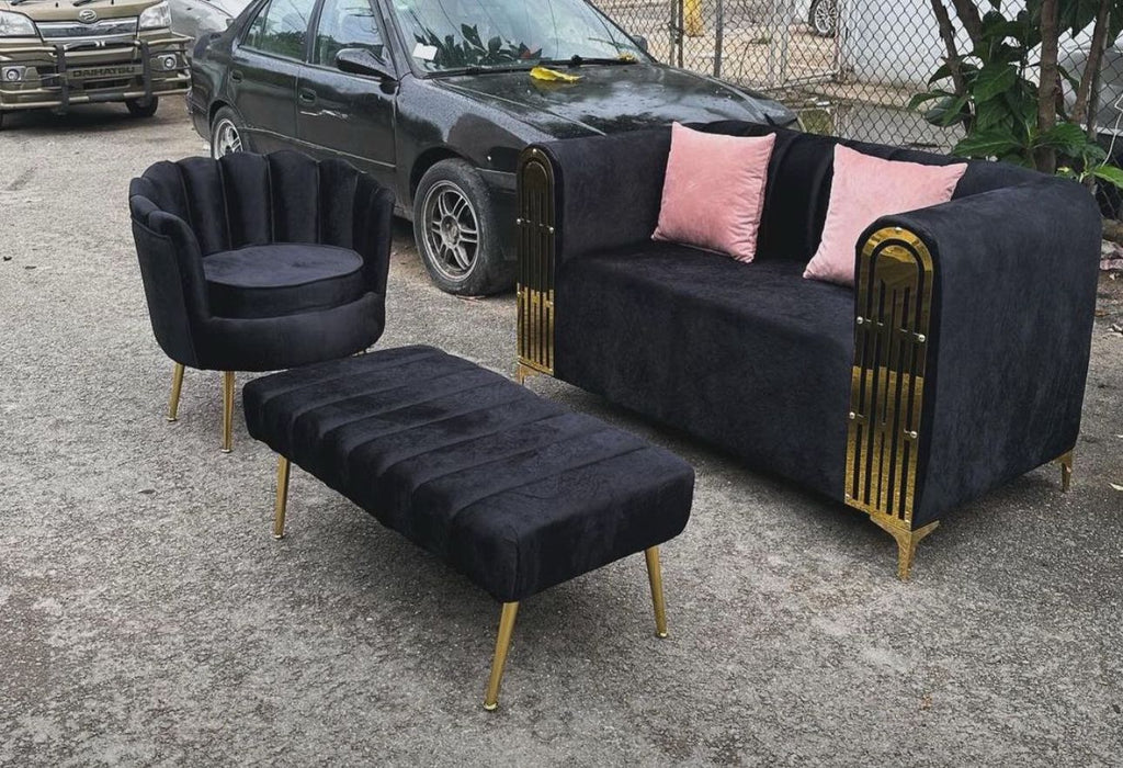 JUEGO DE MUEBLE CON DIVAN Y FLOR DE LOTE NEGRO CON DORADO