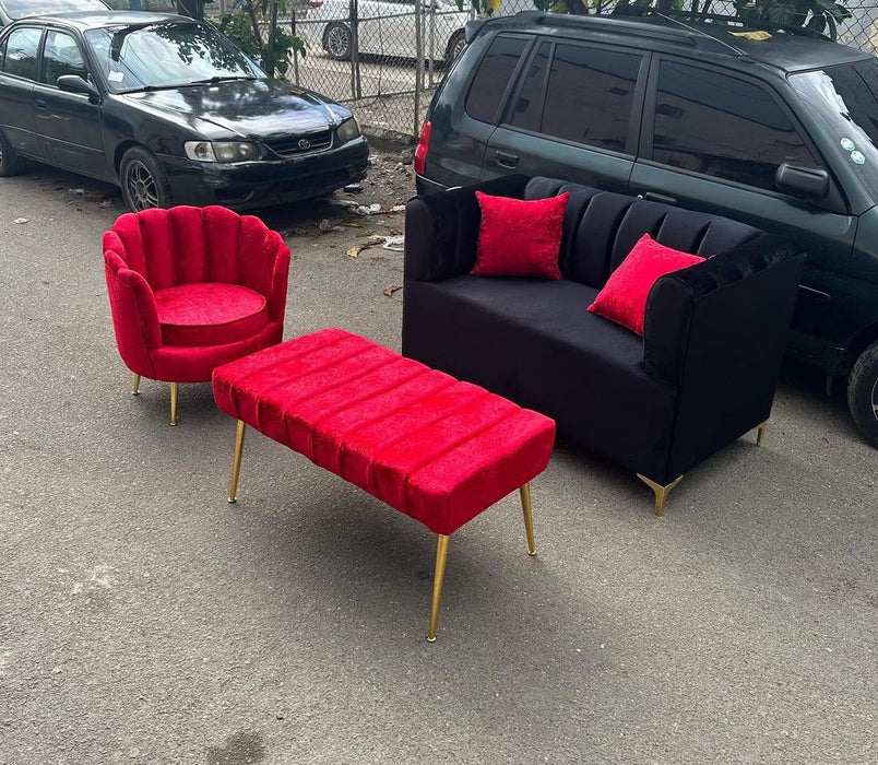 JUEGO DE MUBLE CON DIVAN Y FLOR DE LOTE NEGRO CON ROJO