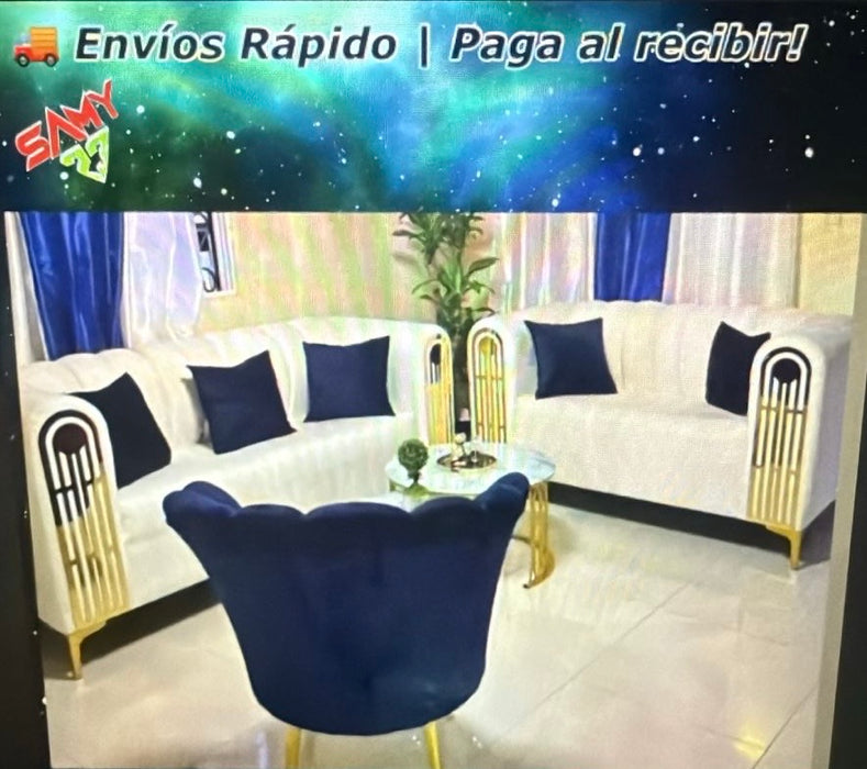 JUEGO DE MUEBLE DE SALA  CREMA CON FLOR DE LOTE Y COJINES  AZUL